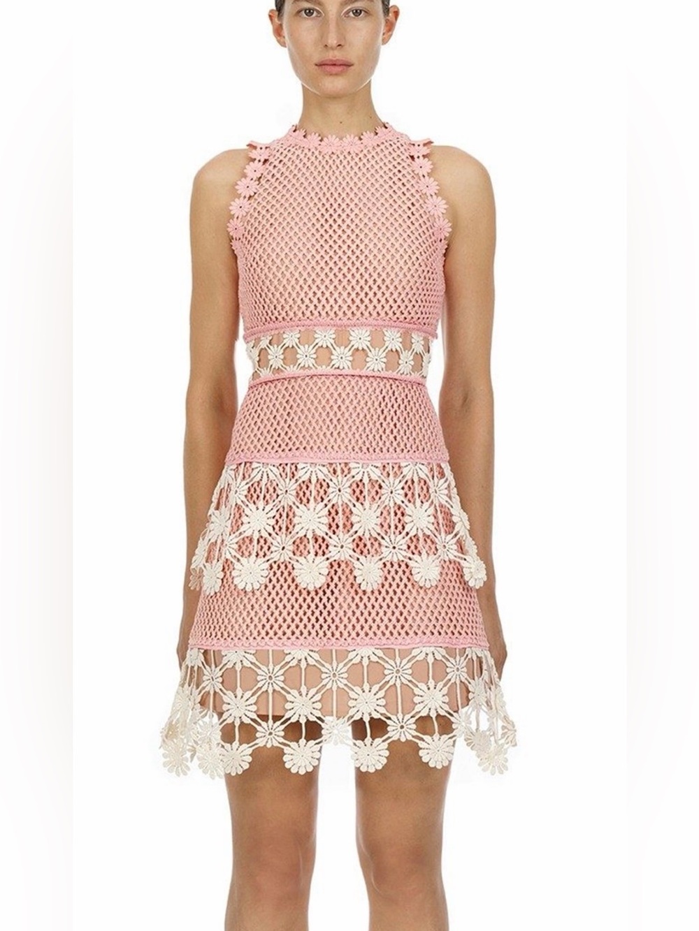 Self-Portrait Pink Crochet Floral Lace Fit & Flare Dress